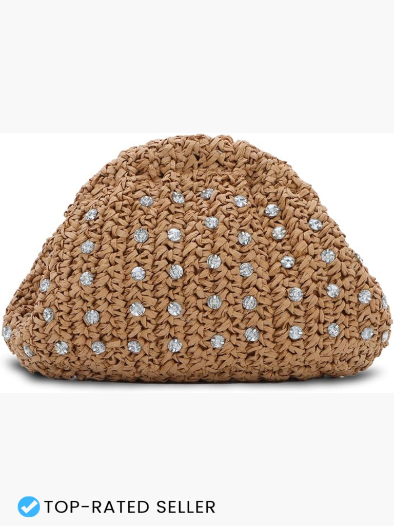 Straw Woven Rhinestone Clutch Purse Lightweight Crossbody Beach Bag Oval